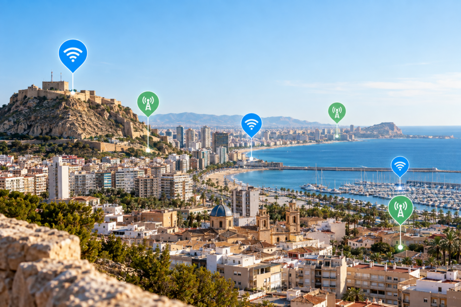 Vista panorámica de Alicante con indicadores de conectividad que representan las diferentes zonas con cobertura de fibra y WiMAX.